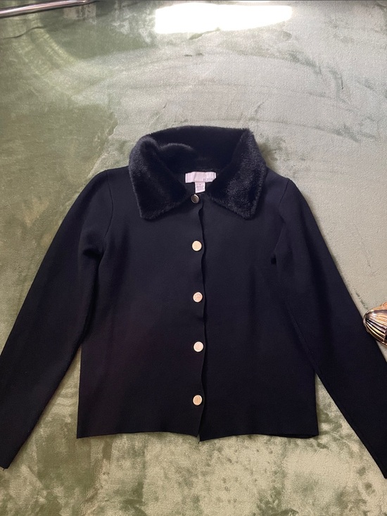 By Design Tops - BY DESIGN Black Faux Fur Collar Button Cardigan Size S